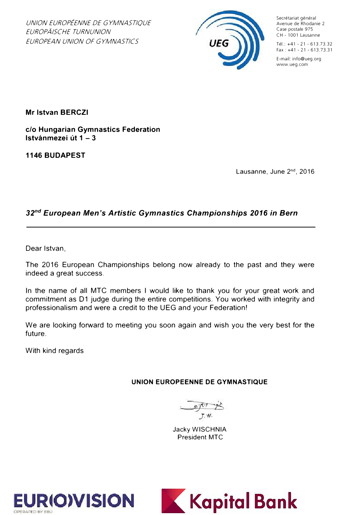 Köszönő levél Bérczi István részére az UEG férfi technikai bizottságának elnökétől
